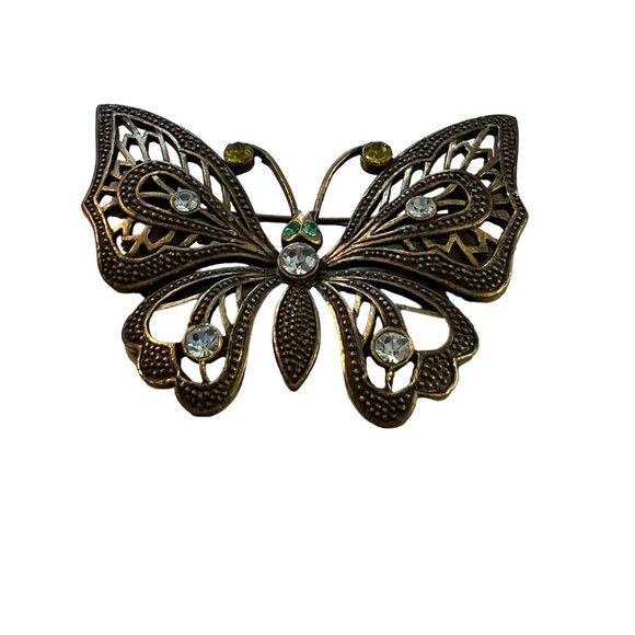 Antique Gold Tone Butterfly Pin Brooch Rhinestones Green Eyes 2.25" x 2" - Picture 2 of 3